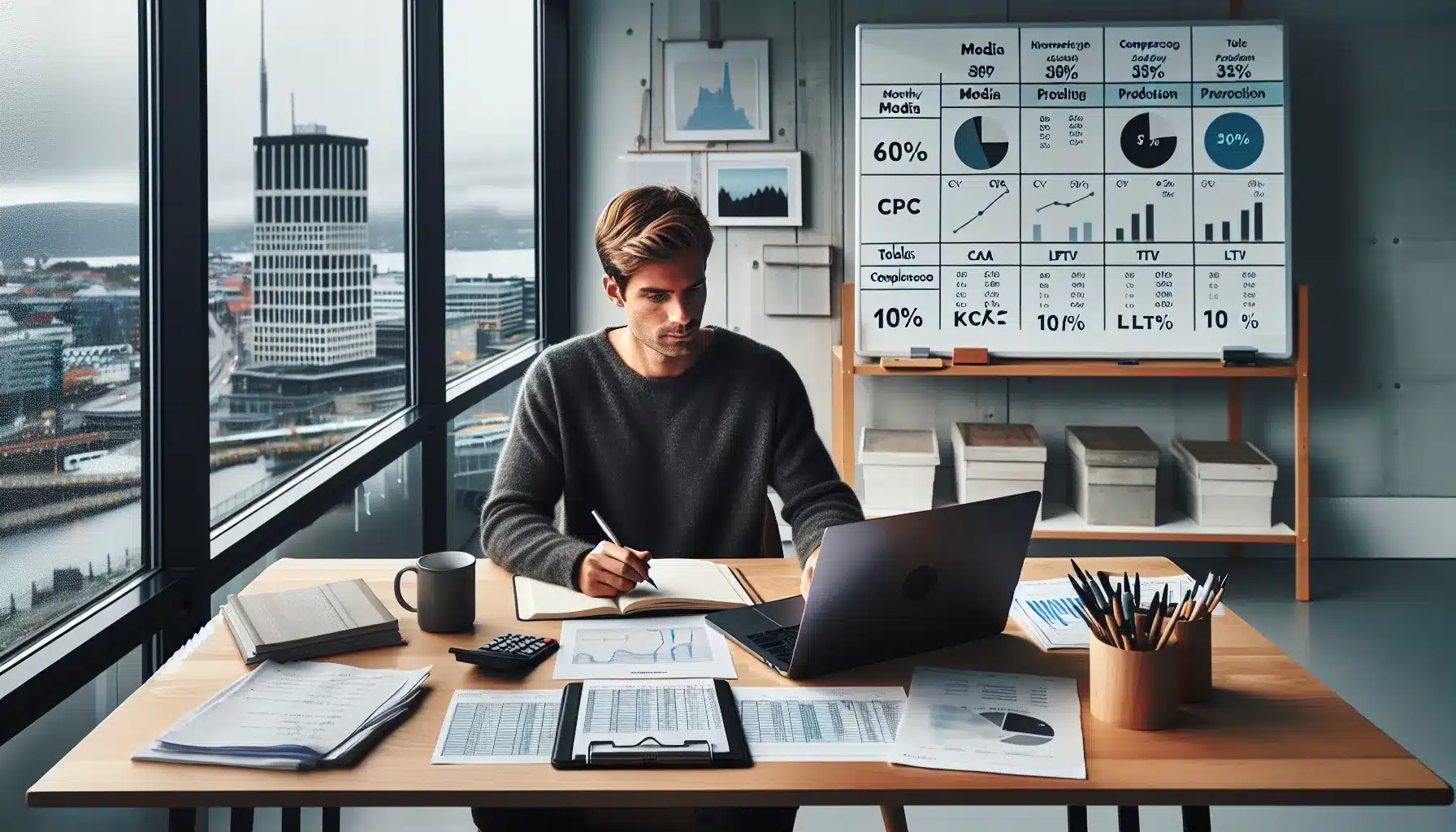 norwegian marketer reviewing nok based digital marketing budget and kpis in oslo office
