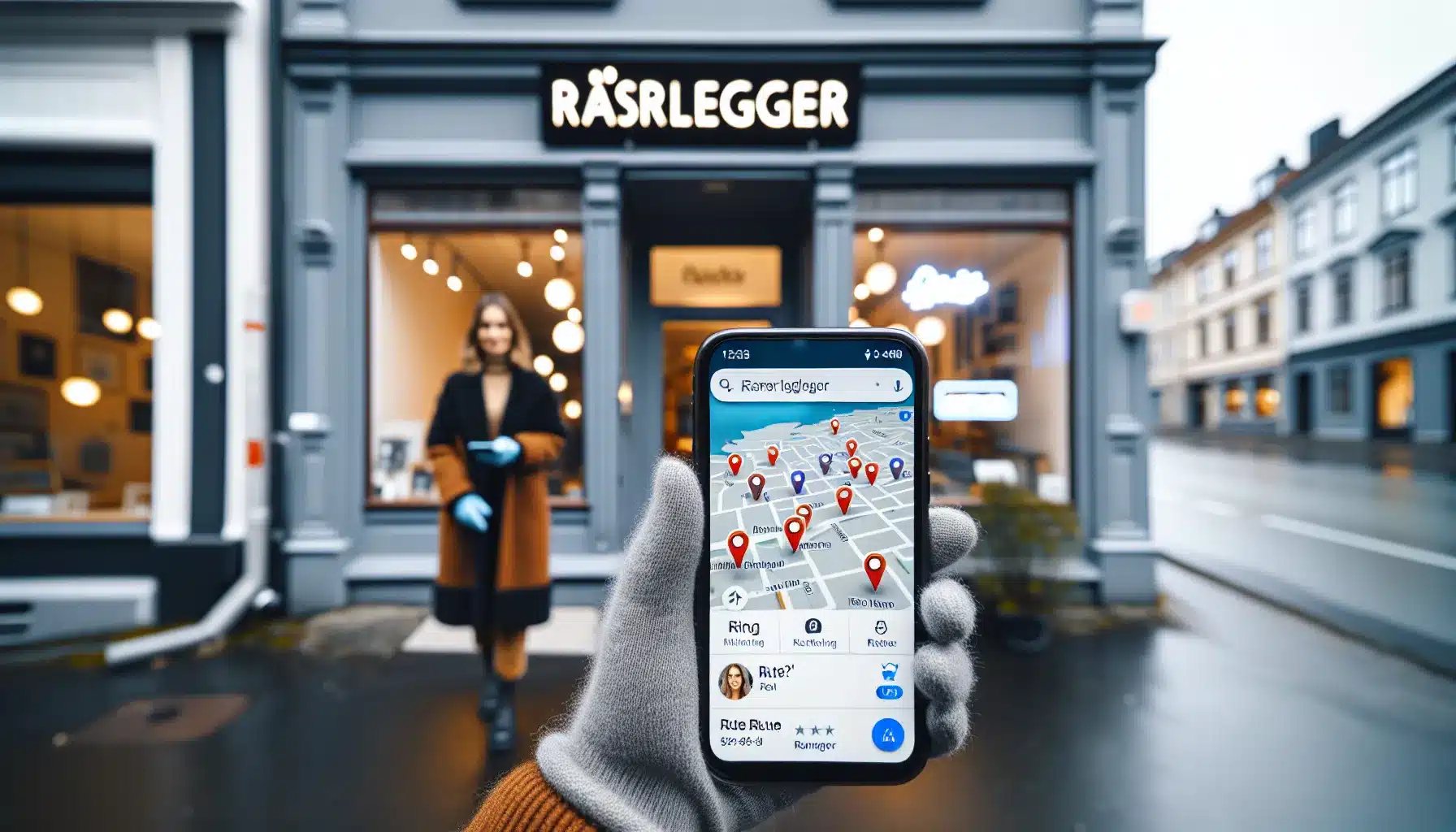 Lokal SEO: den ultimate guiden til å dominere lokale søkeresultater 1 norwegian shop owner shows local search results on phone outside storefront