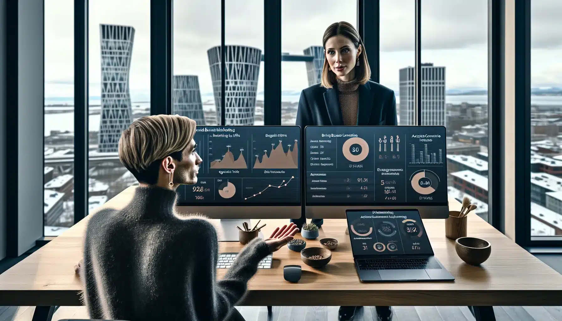 Inbound marketing vs account-based marketing: hva er riktig for din B2B-bedrift? 1 two marketers compare inbound and abm dashboards in a modern oslo office